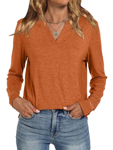 MK Shop Limited Womens Long Sleeve Shirts Casual Notch V Neck Layer Basic Tees Cute T-Shirt Dressy Tunic Tops Spring Fall Fashion Outfits 2026 Brown