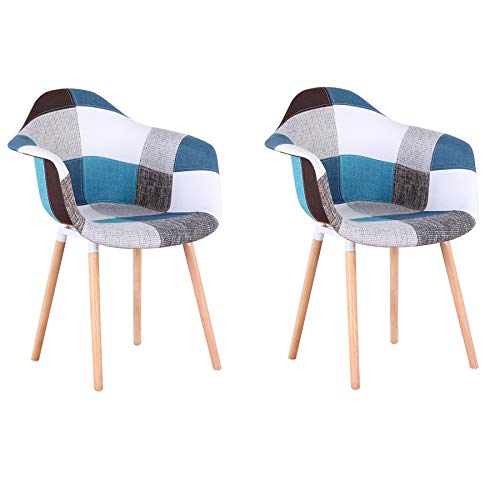 BenyLed Juego de 2 Sillas de Comedor, Sillas de Cocina con Apoyabrazos y Patas de Madera de Haya, Sillas Patchwork para Comedor, Salón, Dormitorio, etc. (Azul)