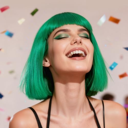 Image of ANOGOL Dark Green Bob Wig with Bangs Green Wigs for Women Colored Wigs | Hair Cap+Sunglasses Short Neon Wig for Bachelorette Party Funny Outfit for Women Halloween Christmas Costume St Patrick Day