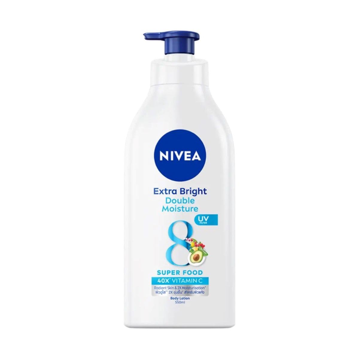 NIVEA Extra Bright Double Moisture Body Lotion, 40X Vitamin C from 8 Superfoods, Vitamin E, UV Filter, 24h Moisture 550ml