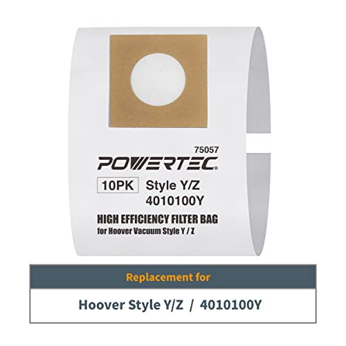 Image of POWERTEC Type Y Vacuum Bags 10 PK for Hoover Style Y, Z, YZ WindTunnel Upright Vacuum Cleaners, Replacement Dust Bags for 4010100Y, AH10040 and AH10165 (75057V)