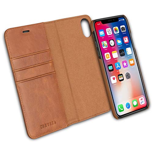 iPhone XS Flip Case/iPhone X Ledertasche 2 in 1 Lederhülle Braun - KANVASA Luxus Echtleder Cover Leder Tasche für Original Apple iPhone XS/X/10S/10 -