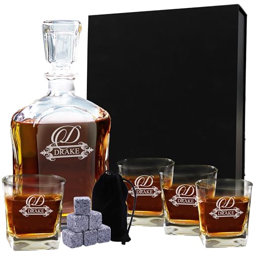 My Personal Memories, Personalized 5 pc Whiskey Decanter Set - Decanter and 4 Glasses Gift Set - Custom Engraved with Name and Initial (Fancy Design)