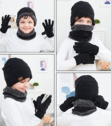 Image of KMOLY Kids Winter Beanie Hat Scarf Touchscreen Gloves Set for Boys Girls 4-15 Years Warm Skull Cap Fleece Lined Knitted Hat