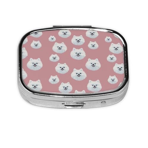 Joyful White Pomeranian Dog Pill Box with Mirror 2 Compartments Square Pill Organizer for Pocket