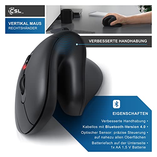 CSL – Ergonomische Kabellose Maus für Rechtshänder, Bluetooth, 1000-2400 DPI, 8 Tasten, gegen Mausarm/Tennisarm (RSI Syndrom), kompatibel mit PC, Computer, Laptop, Mac, Schwarz – Bild 3