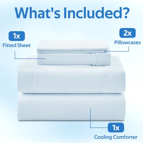 Image of Cooling Comforter King Size Set 4 Pieces, Summer Blanket with Dual-Sided Cool Tech, Deep Pocket Fitted Sheet Fits Up to 18 inch, Q-Max>0.55 Thin Comforter for Hot Sleepers, with 2 Pillowcases, Blue