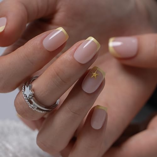 Image of CurvLife Soft Gel Squoval Press-On Nails Short, Reusable Fake Nails with Glue & Adhesive Tabs, 30PCS Salon-Quality Stick-On Nails for At-Home Manicure (Butter Star)