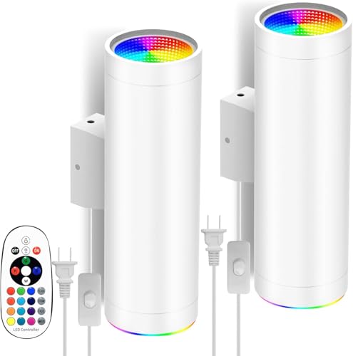 Image of Wall Sconces Set of Two - 16 Color Changing Night Lights Plug into Wall, RGBW Wall Lamp with Remote, LED Up Down Lights for Bedroom Living Room