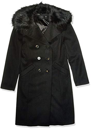 T Tahari Women's Double Breasted Wool Coat with Faux Fur, Black, Medium