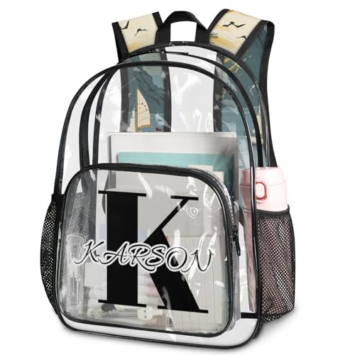 Personalized Large Clear Backpack Stadium Approved Heavy Duty PVC Plastic Custom Ocean Theme Transparent Backpacks See Through Bag with Name, Beach Palm Tree Ship