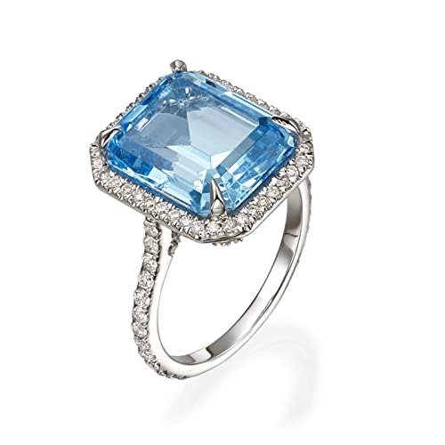 925 Sterling Silver Plated Emerald Shaped Simulated Blue Topaz CZ Halo Engagement Wedding Ring for Women
