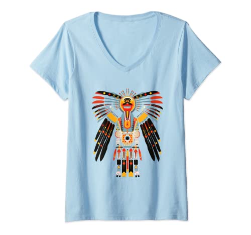Mujer Arte tribal de Thunderbird estilo nativo de las llanuras de Camiseta Cuello V