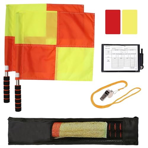 Professional Soccer Referee Kit - 2 Pcs Checkered Linesman Soccere Flags, Red Yellow Ref Cards with Notebook and Pencil,Coach Stainless Steel Whistles with Storage Bag | Ideal for Football Referees, Coaches, and Officials