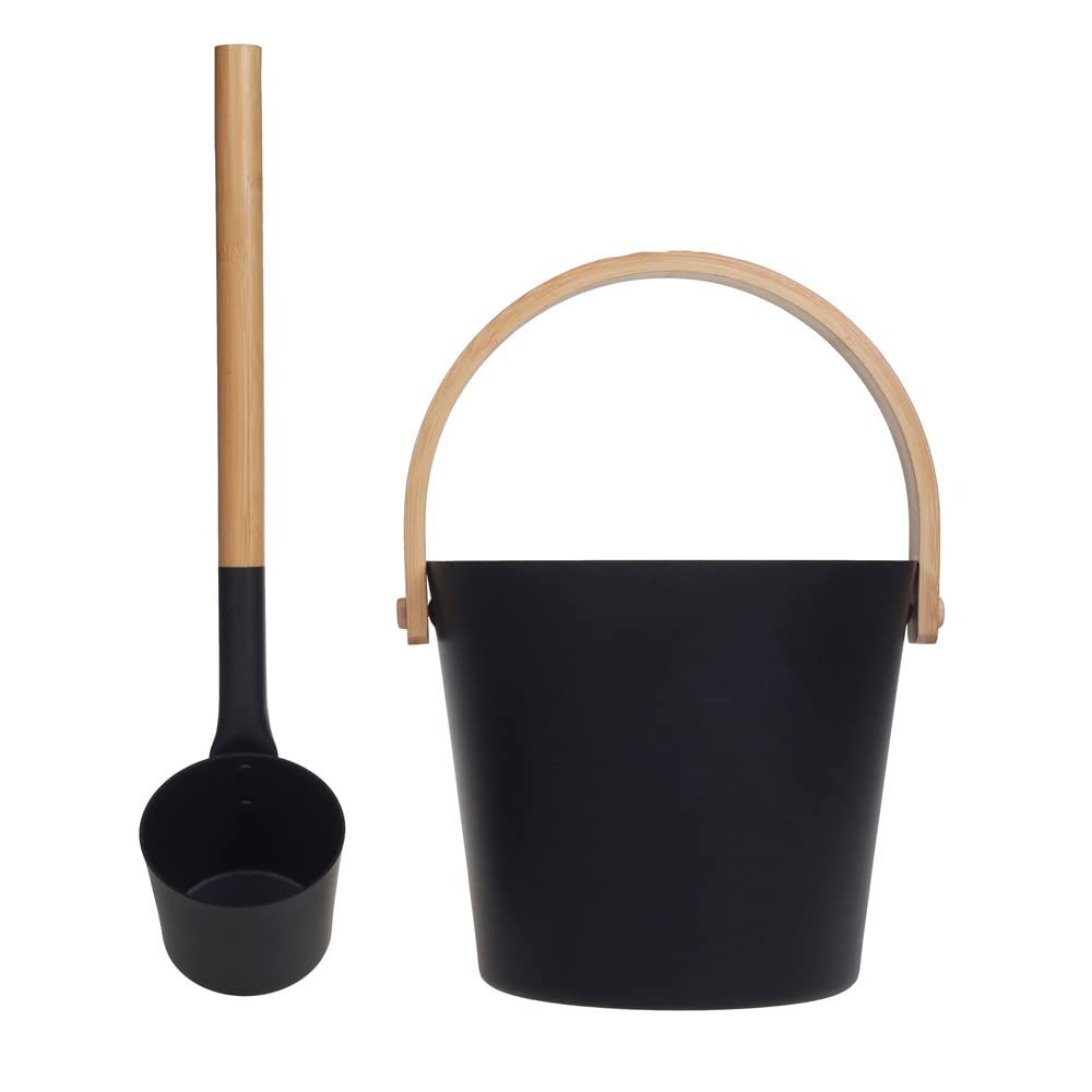 Saunazubehör Set, 5-teilig, Eimer 5L aus Aluminium, Schöpfkelle, 15min. Sanduhr, abgerundetes Thermometer - Hygrometer, Sauna Aromatherapie Schale