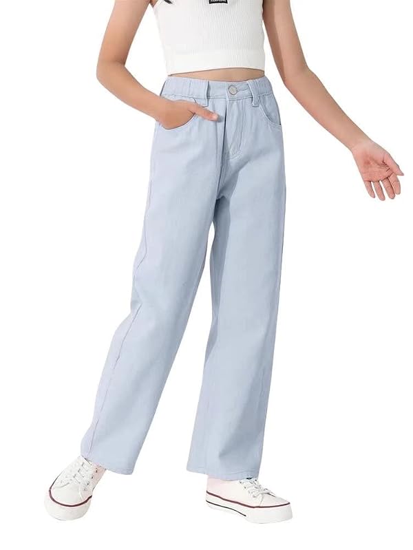 thefabland Girls Casual Denim Pants High Waisted Wide Leg Jeans with Pocket Light Blue by thefabland - Used condition - US$15.23