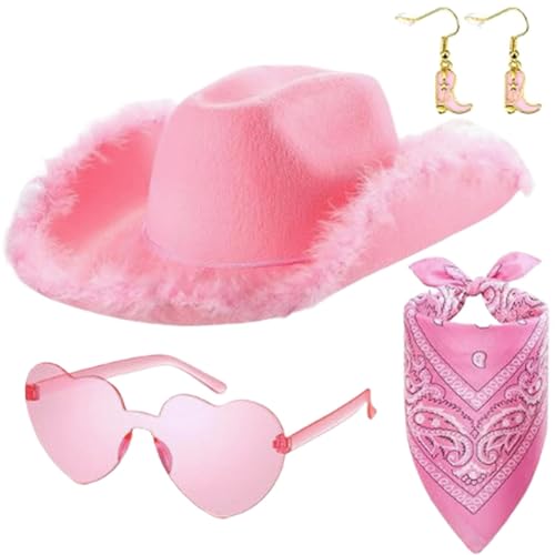 Générique Deguisement Cowgirl Fille 4 pièces Tenue de Cowgirl Rose Costume Accessoires Avec chapeau, écharpe, lunettes, boucles d'oreilles pour Hippie...