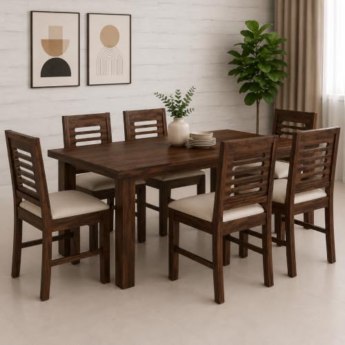 Image of Solid Sheesham Wood 6 Seater Dining Table Set for Home & Kitchen | Walnut Finish Wooden Dining Set with 6 Cushioned Chairs | Table Size 57 x 30 x 29 Inch | Chair Size 17 x 17 x 35 Inch