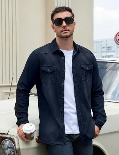 Kissonic Mens Denim Shirt Long Sleeve Slim Fit Jean Shirt for Men Button Down Causal Striped Denim Shirts3