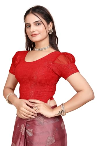 Image of SFT Women's Organza Patch Readymade Saree Blouse with Round Neck Half Sleeves Abstract Pattern Pull On Closure Regular Fit and Standard Length