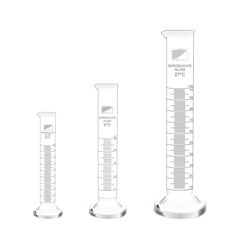 OCTA Borosilicate Glass Measuring Cylinders 10ml,25ml and 100ml (Pack of 3) with Graduation Marks for Precise Liquid Measurement, Solution Mixing, Density Determination, Chemical Reactions-image-5