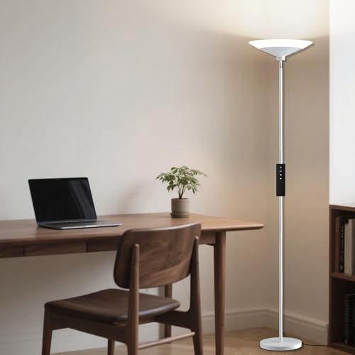 Image of SIBRILLE White Torchiere Floor Lamp - 30W Dimmable LED Standing Lamp with Remote /Button Control, 1800Lm, 3000-6500K, 72in Bright Standing Pole Light for Living Room Bedroom Office Corner
