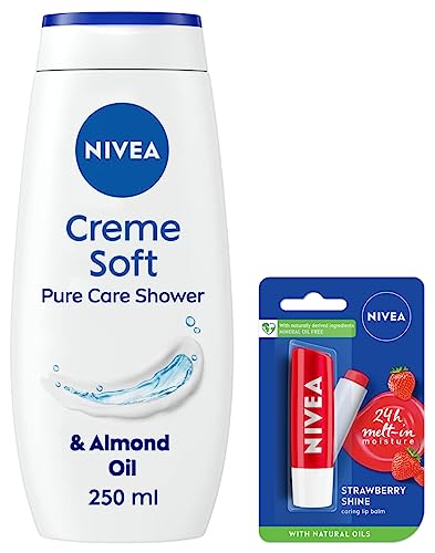 Image of NIVEA Lip Balm, Fruity Strawberry Shine, 4.8g & NIVEA Women Body Wash, Creme Soft Shower Gel, with Almond Oil for Soft Skin, 250 ml