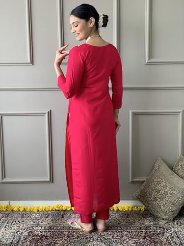 Image of Women's Viscose Chanderi Solid 3 /4 Sleeve Sweetheart Neck Embroidered Kurta, Pant and Dupatta-Dark-pink-JT-043