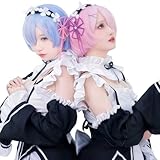 Enchakats Re:Zero − Starting Life in Another World Cosplay Costume Deluxe Maid with Rem Wig & Ram Wig Cosplay Costume for Adult Women Men （S