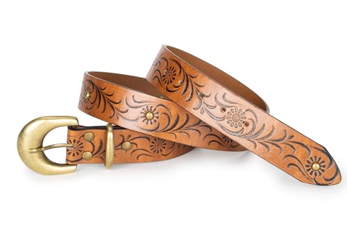 Women Leather Belt for Jeans Pants Western Cowboy Cowgirl Belt Embossed Floral Country Belts with Gold Buckle 5