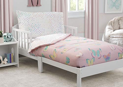 Delta Children 4 Piece Toddler Bedding Set For Girls - Reversible 2-In-1 Comforter - Includes Fitted Comforter To Keep Little Ones Snug, Bottom Sheet, Top Sheet, Pillow Case - Pink Butterfly Flutter #TOP3