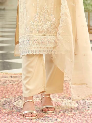 Image of INDO ERA Women's Silk Blend Floral Embroidered Straight Kurta & Pant With Dupatta Set (IEOUT12442)