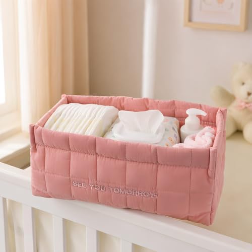 OUNONA Baby Diaper Caddy Organizer, Foldable Nursery Wipes Basket, Pink - 4