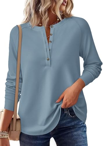 Image of PRETTYGARDEN Women's Long Sleeve Waffle Knit Henley Shirts