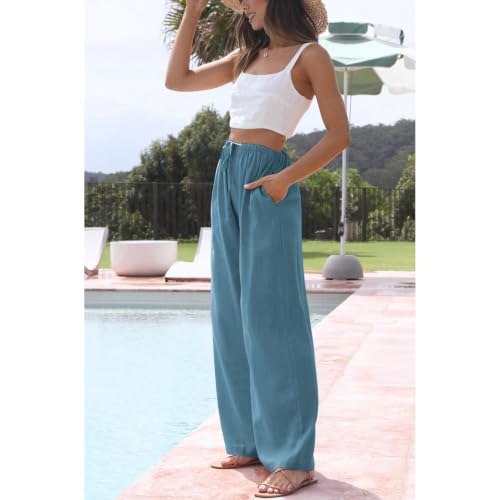 Image of Duyang Womens Cotton Linen Palazzo Pants Drawstring Elastic Waist Casual Wide Leg Trousers with Pockets
