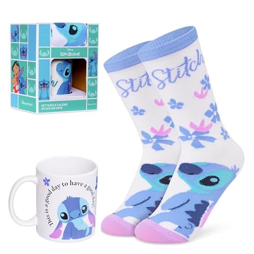 Disney Stitch Set de Taza para Mujer Adolescente, Taza Cafe y Calcetines Divertidos, Regalos Originales para Mujer (Blanco/Azul)