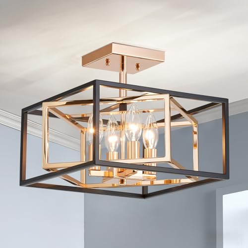 AGV LIGHTING CL055G Modern Semi-Flushmount Ceiling Light Fixture, Square Ceiling Light, E12 Base 4-Lights, L12 x W12 x H10, Matte Black & Shinny Gold Finish by AGV LIGHTING - Used condition - US$71.99