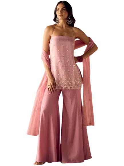 Image of Pink Embroidered Halter Neck Kurta with Sharara and Dupatta