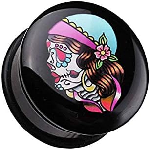 Covet Jewelry Day of The Dead Lady Skull Single Flared Ear Gauge Plug