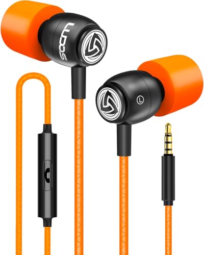 Image of LUDOS Clamor Wired Earbuds in-Ear Headphones, 5 Years Warranty, Earphones with Microphone, Noise Isolating Ear Buds, Memory Foam for iPhone, Samsung, School Students, Kids, Women, Small Ears - Orange