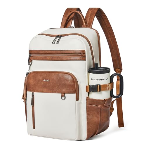 Shrrie Vegan Leather Laptop Backpack for Women,17 Inch Computer Backpack Purse for Work Business College Travel Teacher Nurse with Anti-theft Pocket & Giant Tumbler Holder Pocket,Beige with Brown