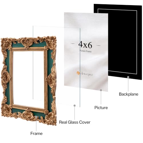 Image of eletecpro 4x6 Vintage Picture Frame with Real Glass Cover, Ornate Antique Photo Frame, Display 4x6 Picture for Tabletop or Wall Hanging Horizontal & Vertical, Green Home Decor for Gallery Art