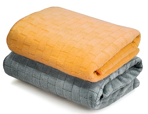 Image of Cortina Solid Towels for Bath Set of 2 (70 x 140 cm) 300 GSM Microfiber Bath Towels, Ultra Soft, Highly Absorbent & Quick Dry for Gym, Beach & Bathroom Towels for Men, Women & Kids (Yellow /Grey)