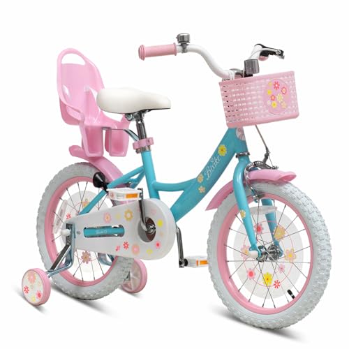 Bixike Girls Bike with Basket for Toddlers and Kids Aged 3-14 Years Old, 14 16 18 Inch with Training Wheels & Doll Seat, 20 Inch with Kickstand & Rear Rack, Princess Style Bicycle for Gift