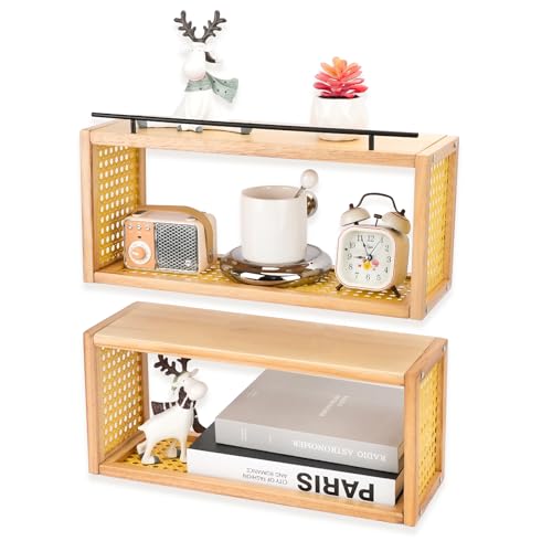 CareLoom 2 Etagere Murale en bois Étagère Murale, Bambou Naturel Etagere Flottante Murale, Boho Tablette Murale pour Chambre Bain Salon Cuisine