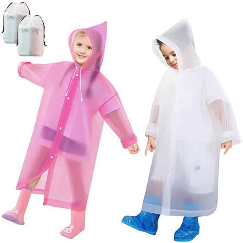 Baogaier 2 piezas Chubasquero para niños con capucha, EVA Transpirable Ponchos Impermeable Infantil Reutilizable Niño Niñas Traje de Liuvia con Botón para Bici, Senderismo, Festivales, Blanco Rosa