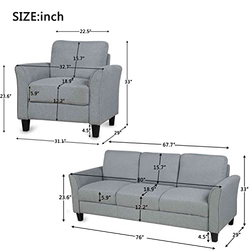 Cotoala 2 Piece Living Room Sectional Sofa Sets, Modern Upholstered Couch Furniture, One Three-Seat Chair & Armchair, 1+3, Fabric Gray #TOP1