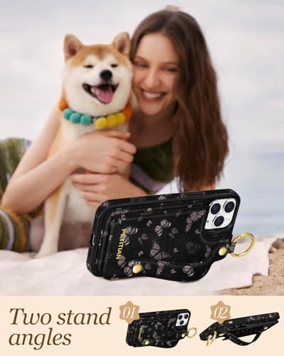 Petitian for iPhone 11 Pro Wallet Case for Women, Black Butterfly - image 5