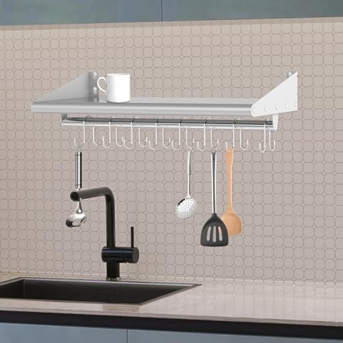 Image of Skyflame 12 inch x 48 inch Stainless Steel Shelf Wall Mounted with 8 Hooks