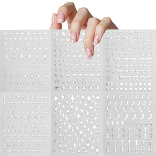 6 Blatt Nagelsticker, Nagel Sticker, Nagelaufkleber 3d Stern, Gemusterte Nail-Art-Aufkleber, Flüssige Metallic-Silber-Nagelkunstaufkleber, Anwendbare Personen Damen